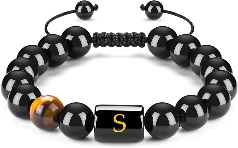 FRG Initials Bracelets for Men Letter Link Handmade Natural Black Onyx Tiger Eye Stone Beads Braided Rope Meaningful Bracelet