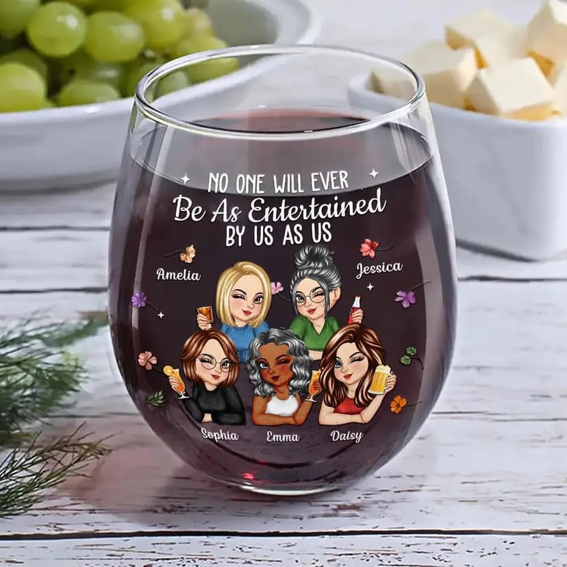 Personalized No One Will Ever Be As Entertained By Us As Us Stemless Wine Glass Gift for Best Friend Bestie Sister On Christmas Birthday Party Clear Wine Glasses Cup Friendship Gifts for Woman Bestie