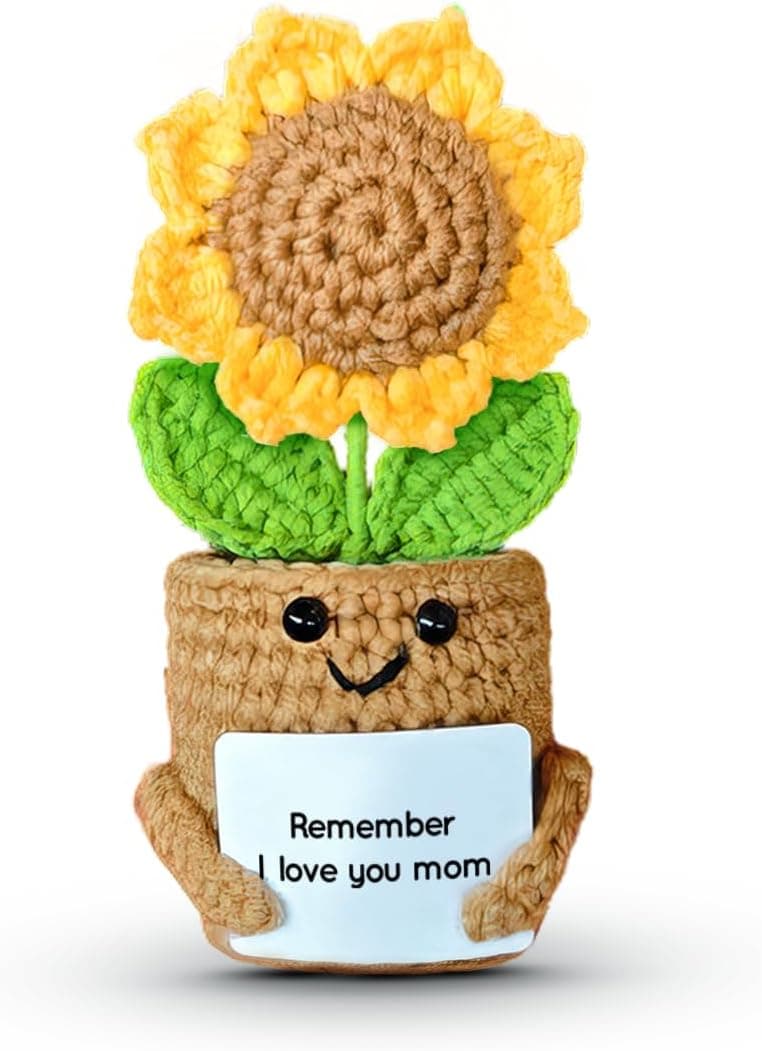 Mini Sunflower Mom Gifts from Daughter Son Kid, Handmade Crochet Mothers Day Christmas Birthday Gift with Card, Remember I Love You Mom, Positive Emotional Present, Cute Small Stuff Things