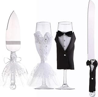 4 Piece Wedding Reception Supplies Wedding Toasting Flutes and Cake Server Set -2 Champagne Glasses, 1 Cutting Knife and 1 Pie Server, Bride and Groom Gifts Wedding Gifts (Gorgeous)
