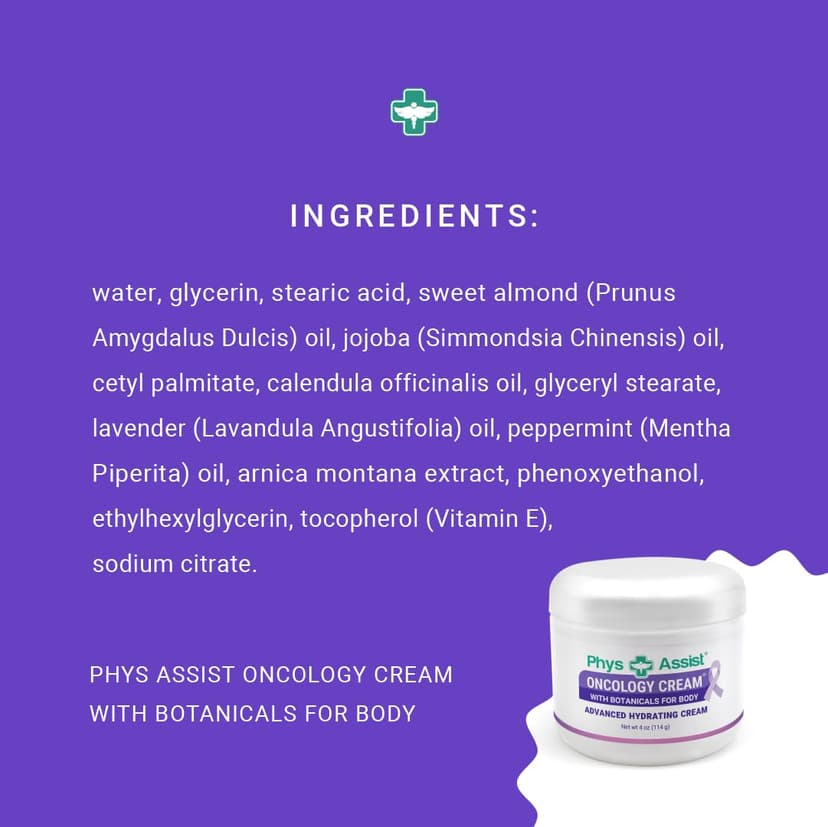 PhysAssist Oncology Cream 4 oz plus Lip Balm. Hydrates and Pampers Stressed skin. Made with a blend of natural Botanicals. Clinically Tested, Non Irritant.
