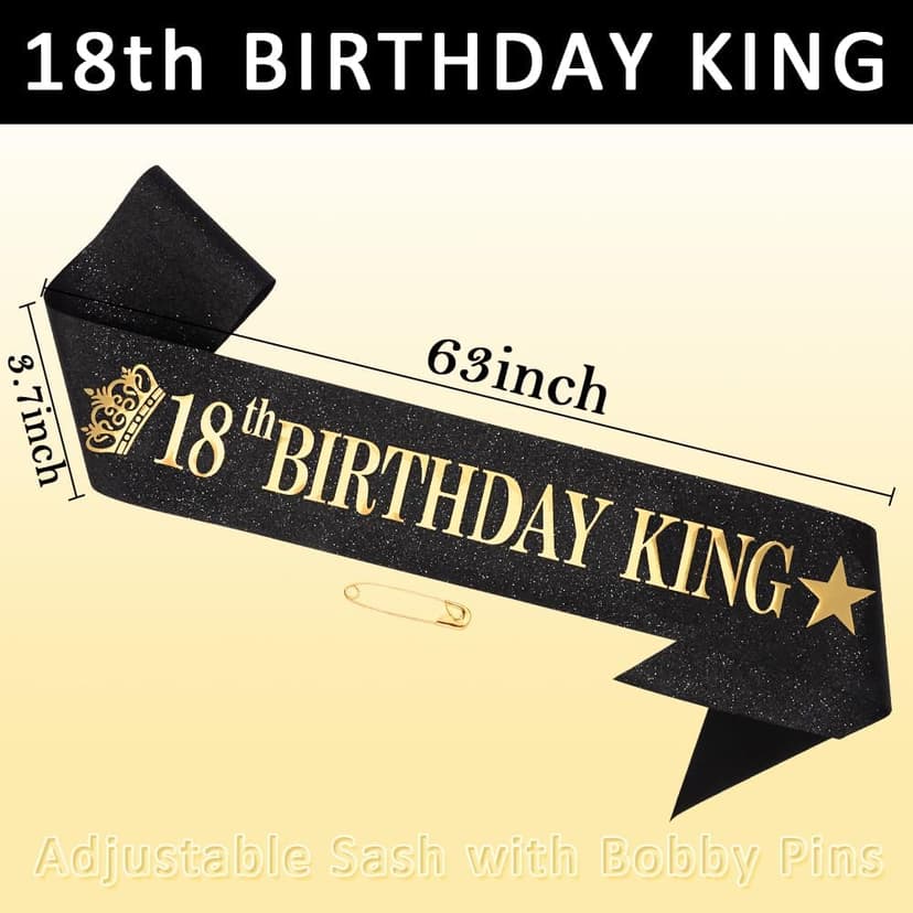 TOBATOBA 18th Birthday King Sash 18th Birthday Decorations for Boys, Gold Foil Black Satin Birthday Sash for Boys 18th Birthday Gift for Boys 18th Birthday Party Favors Decorations