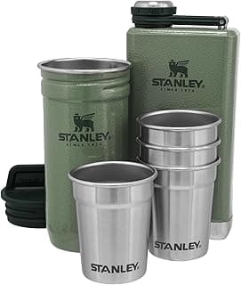 Stanley Adventure Pre-Party and Nesting Shot Glass Set | 8 oz Leakproof Hip Flask | 4 Shot Glasses in Travel Carrying Case | Insulated Stainless Steel Liquor | BPA-Free | Hammertone Green