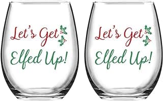 Let's Get Elfed Up Christmas Wine Glass, 15 Oz Funny Stemless Wine Glasses for Women Friends Men, Gift Idea for Christmas Wedding Party, Set of 2