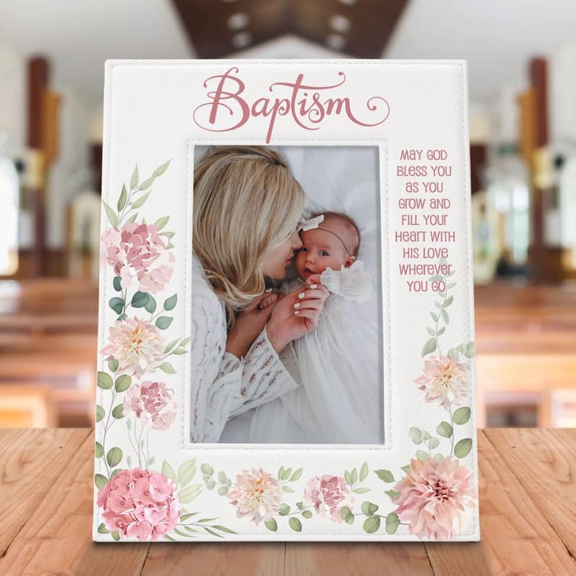 KATE POSH Baptism Picture Frame for Girl, Pink Flowers Decor, Christening, Religisous Gift, From Godparents, New Baby (4x6-Vertical)