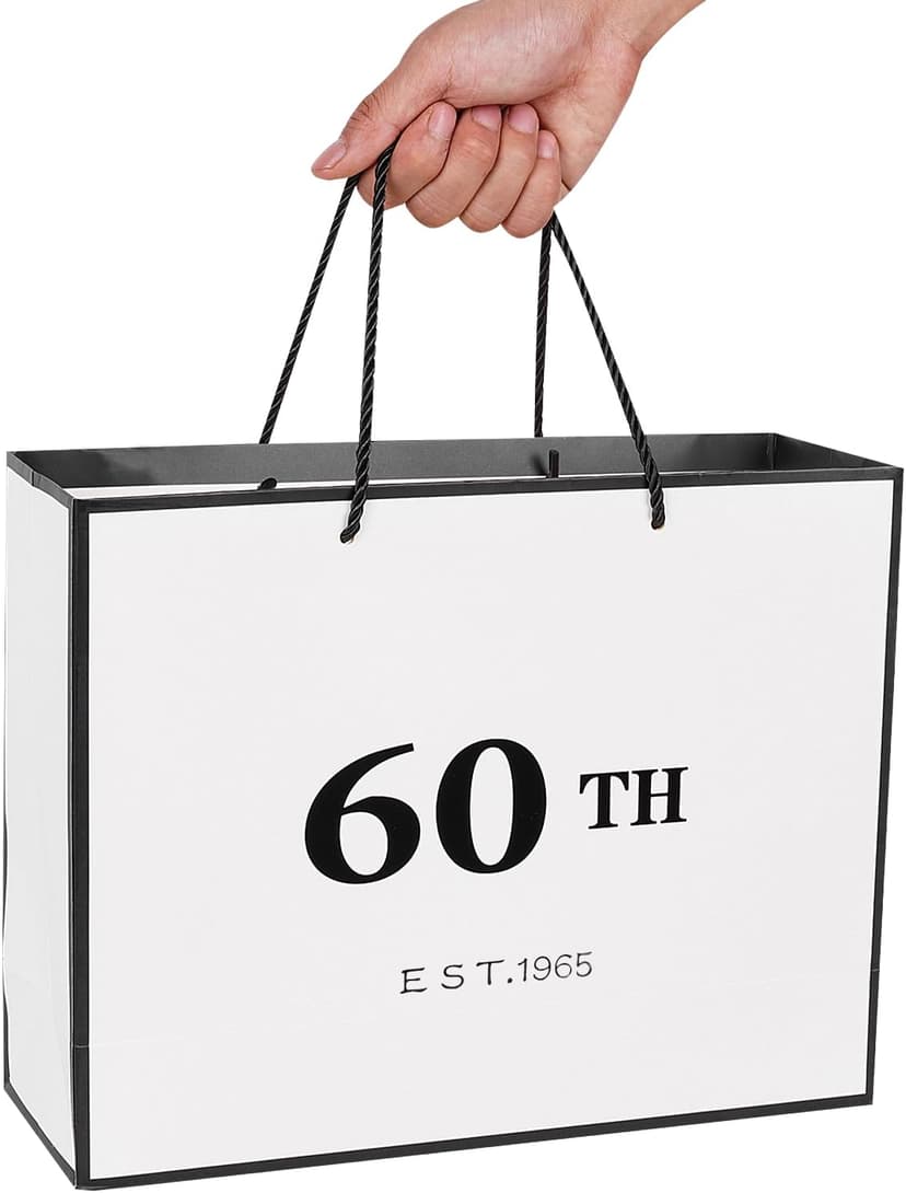Jaywayang 60th Birthday White and Black Large Gift Bag with Card and Tissue Paper, Metallic Printing Keepsake Gift Vintage Bag for Men Women, 1965 Mom Dad 60 Year Old Party Paper Bag for Gifts Wrapping, Anniversary.