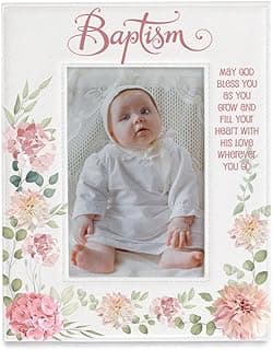 KATE POSH Baptism Picture Frame for Girl, Pink Flowers Decor, Christening, Religisous Gift, From Godparents, New Baby (4x6-Vertical)
