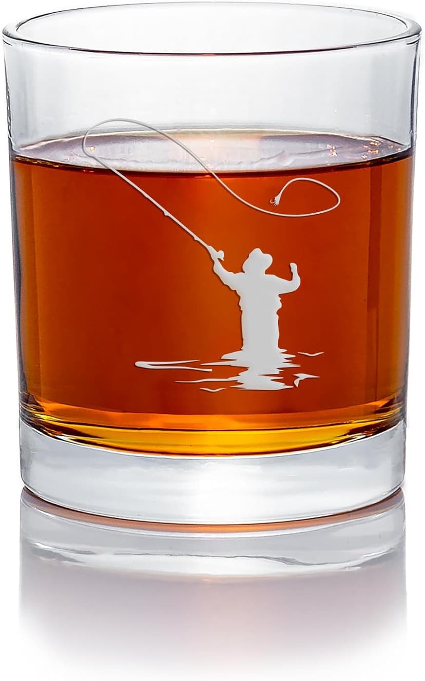 Fly Fisherman Round Rocks Glass - Fisherman Gift, Fishing Glass