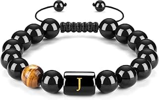 FRG Initials Bracelets for Men Letter Link Handmade Natural Black Onyx Tiger Eye Stone Beads Braided Rope Meaningful Bracelet