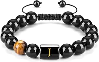 FRG Initials Bracelets for Men Letter Link Handmade Natural Black Onyx Tiger Eye Stone Beads Braided Rope Meaningful Bracelet