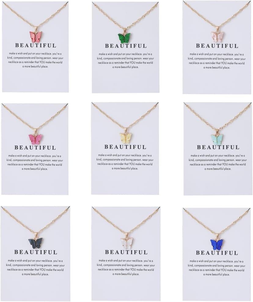 Rrdaily 9 Pcs Dainty Colorful Butterfly Pendant Necklace Set for Women,Bohemian Acrylic Butterfly Chain Necklace Cute Jewelry Gift