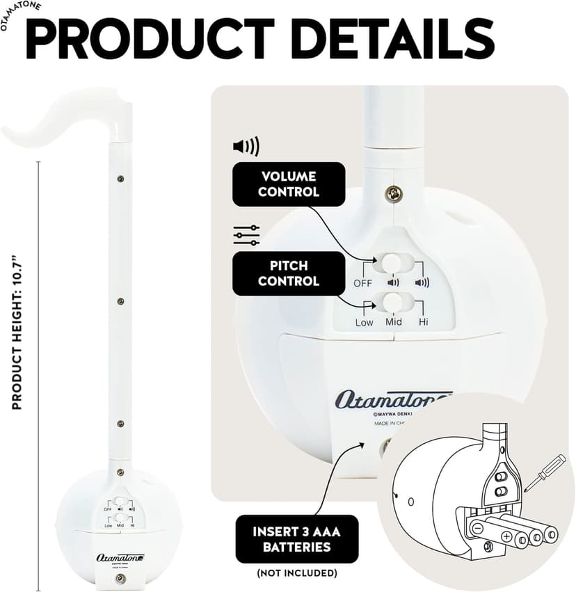 Otamatone Japanese Electronic Musical Instrument Portable Music Synthesizer from Japan by Maywa Denki Studio Award Winning, Educational Fun Gift for Children, Teens & Adults - White