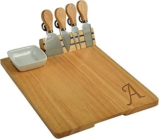 Picnic at Ascot Personalized Monogrammed Laser Engraved Hardwood Board for Cheese & Appetizers - Includes 4 Cheese Knives, Cheese Markers & Ceramic Dish - Designed in California