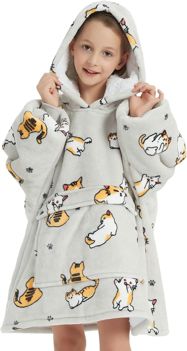 KFUBUO Wearable Blanket Hoodie for Kids Sherpa Patterns Oversized Sweatshirt Blanket With Pocket 6-10 Year Old Girl Boy Birthday Gifts Cat