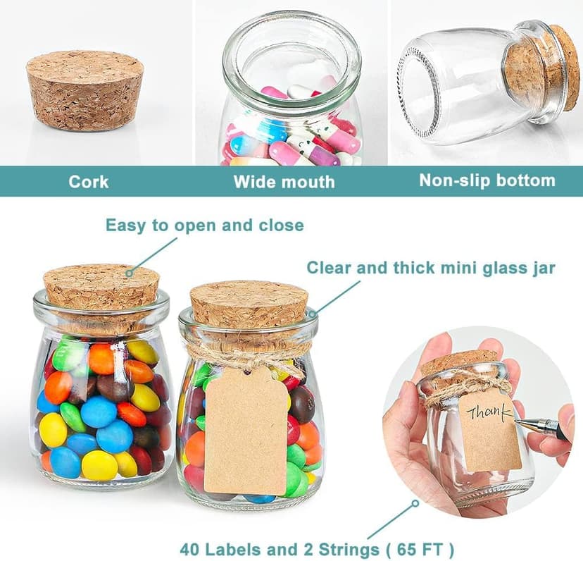 40 Pack Glass Favor Jars with Cork Lid, 3.4 oz Small Glass Bottles for Wedding Favor, Baby Shower, Party Favor, Gift Jars for Candy, Bonus Twine and Labels
