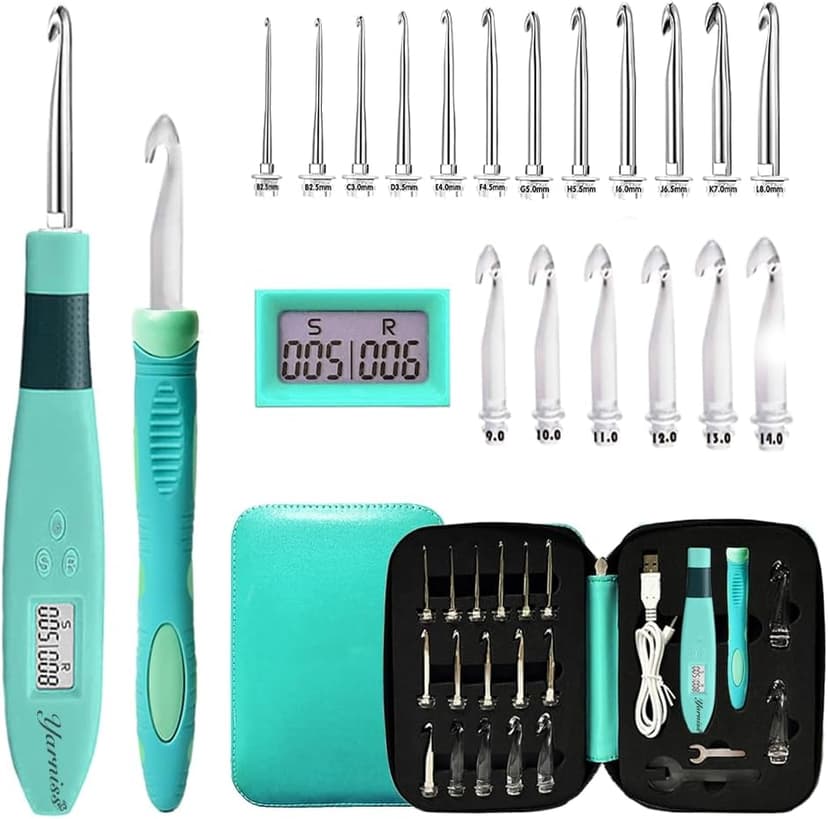 Yarniss 18 Size Counting Crochet Hooks with Light, Digital Counter Crochet Hooks Set with Case (2.0mm~14.0mm)