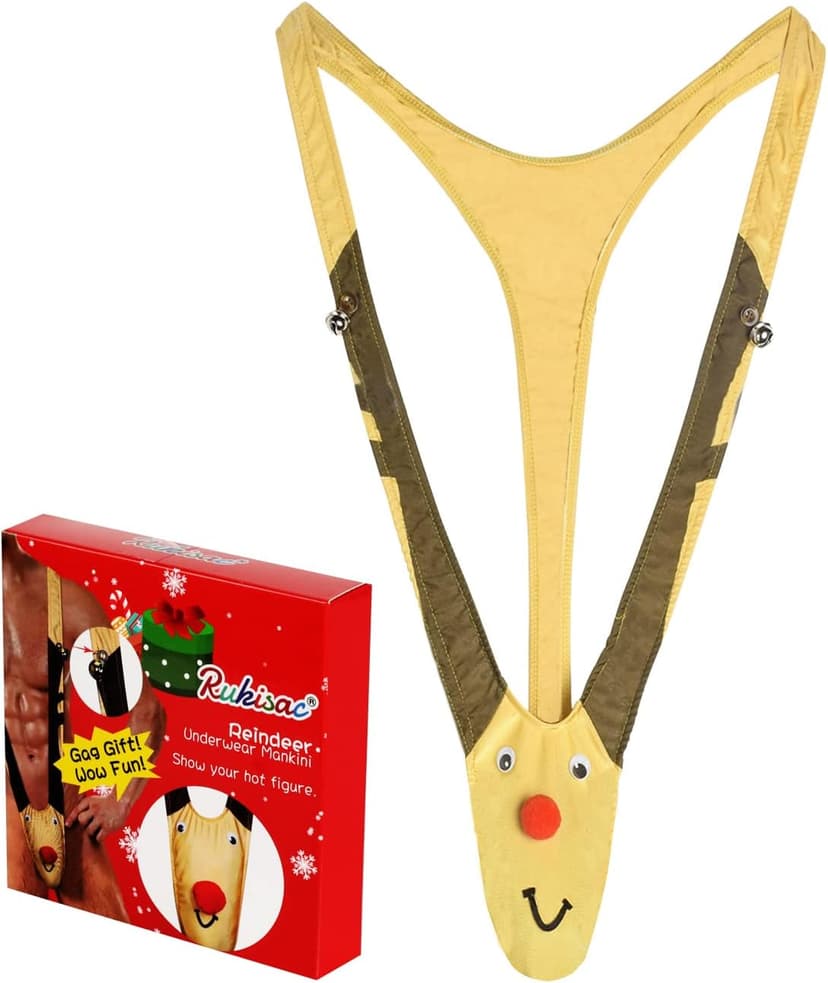 Rukisac Christmas Gag Gift Reindeer Underwear Mankini Men Thong Suits with Bells Pranks for White Elephant Exchange Gifts Valentines Day