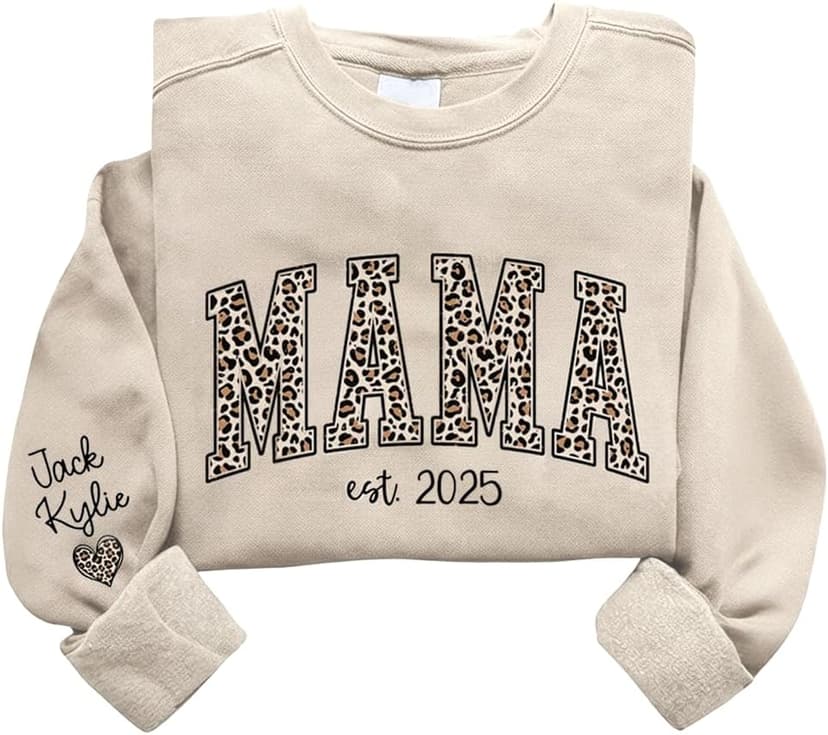 GODMERCH Custom Leopard Mama Sweatshirt With Kid Name On Sleeve, Personalized Mom Sweatshirts, Mama Est 2025 Sweatshirt, Personalized Gifts for Mom Grandma, Christmas Shirts
