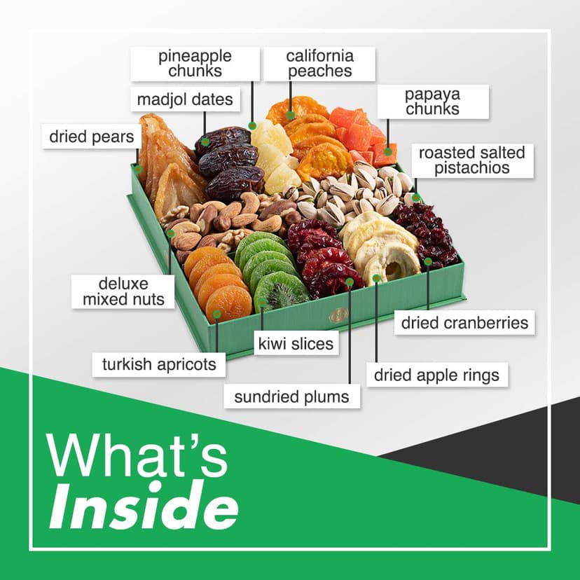 Holiday Christmas Dried Fruit & Nuts Gift Basket - Fresh Dried Fruit & Nuts Gift Basket - Assorted Food Gift Box for Christmas, Holiday, Family, Sympathy, Men & Women.