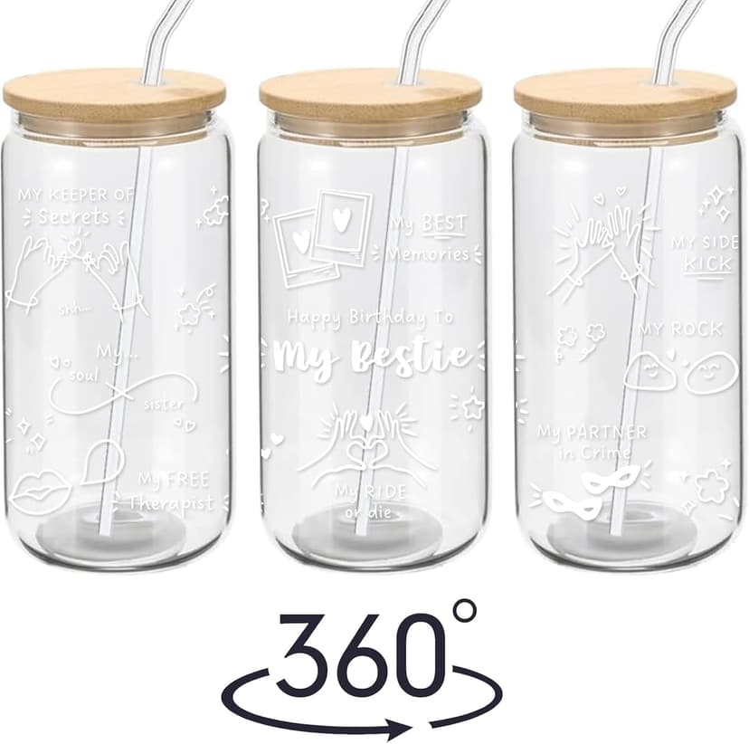 Best Friend Birthday Gifts for Women Friendship - Happy Birthday to My Bestie Glass Cups with Lids and Straws, Funny Presents for Bff Friends Coworkers Unique, Cute Iced Coffee Cup, 16 oz
