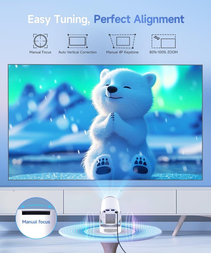 Mini Projector 4K support with WiFi 6 and Bluetooth 5.4, 5w Soundbase Speaker, Auto Vertical Keystone 180°Rotatable Portable Proyector for Home Bedroom Outdoor HY300Pro+