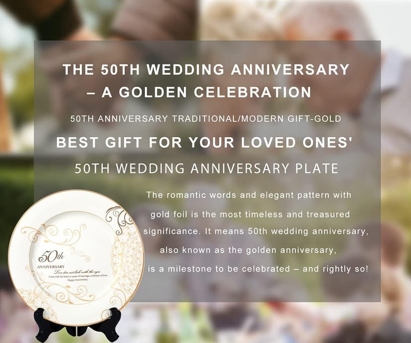 50th Anniversary Wedding Gifts for Couples Parents - 50 Year Marriage Plate with 24k Gold Foil, Golden Keepsake Gift, Ceramic 9 inch