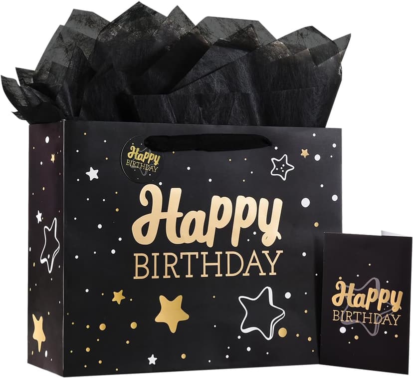 Black Birthday Gift Bag with Tissue Paper and Greeting Card, 13'x10.2'x4.9', Medium (1-Piece Set, Black Starry Sky, Unisex, Includes Card, Ribbon, Crinkle Paper)