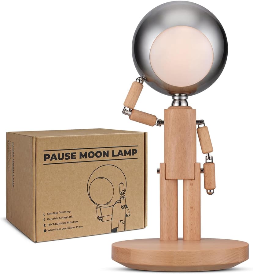 Pause Moon Lamp, Creative Wood LED Desk Lamp, Unique Decorative Lighting for Bedroom, Lamps for Night Stands, Rechargeable Cordless Lamp Office & Gift