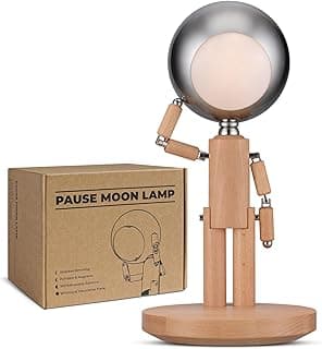 Pause Moon Lamp, Creative Wood LED Desk Lamp, Unique Decorative Lighting for Bedroom, Lamps for Night Stands, Rechargeable Cordless Lamp Office & Gift