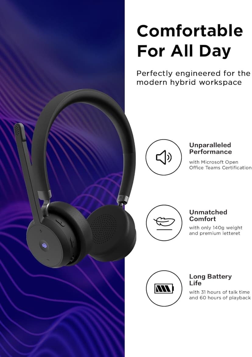 Lenovo Wireless VoIP Headset Teams Certified, Noise-Canceling Mic, Bluetooth 5.3 Multipoint, USB-A Receiver, 31-Hour Talk & 60-Hour Playback, Lightweight Over-Ear Design, Replaceable Earcups