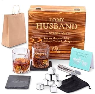 Whiskey Stones Gift Set Anniversary Gi fts for Husband | Him | Men, Husband Birthday | Wedding Anniversary | Valentine's Day Gift, 8 Stainless Steel Whiskey Stones & 2 Whiskey Glasses(11oz)