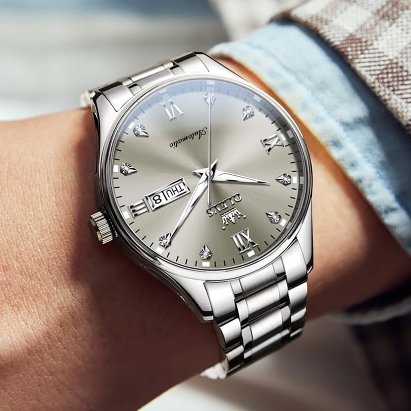 OLEVS Automatic Watches for Men Self Winding Mechanical Wristwatch Luxury Business Dress Stainless Steel Luminous Waterproof Calendar Mens Watch