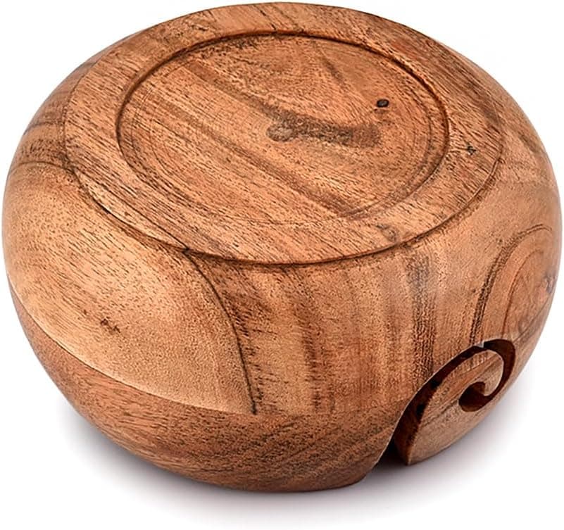 Samhita Acacia Wood Wooden Yarn Bowl for Crocheting & Knitting Hand Made by Indian Artisans Birthday Gifts for Mom & Knitting Lovers (6" x 6" x 3")