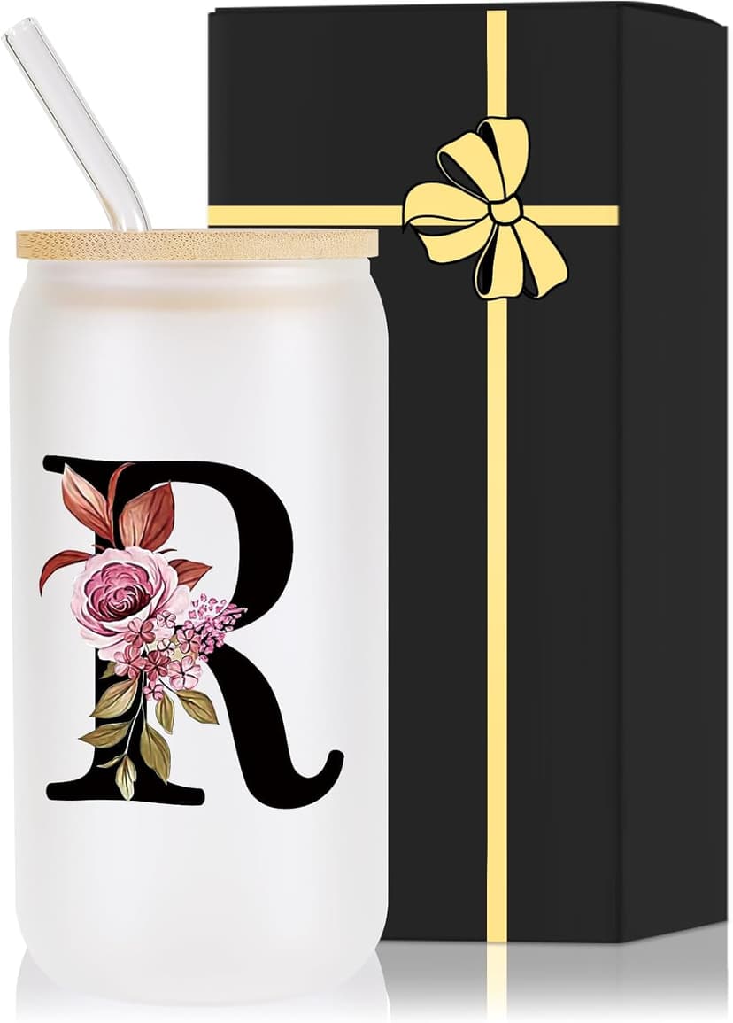 Monogrammed Glass Drinking Cup With Lid Straw Women Happy Birthday Christmas Xmas Day Holiday for Female Teacher Aunt Big Small Sister in Law Mother Stepmother Weding Groom Bride Officiant Gift,R