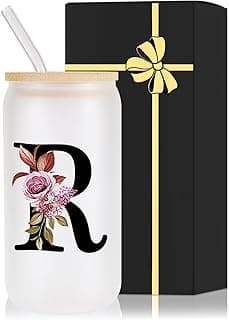 Monogrammed Glass Drinking Cup With Lid Straw Women Happy Birthday Christmas Xmas Day Holiday for Female Teacher Aunt Big Small Sister in Law Mother Stepmother Weding Groom Bride Officiant Gift,R