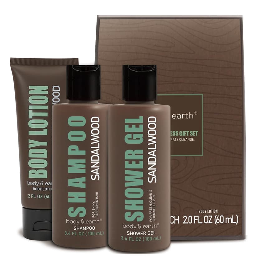 BODY & EARTH Men Gift Sets - 3PC Mens Gift Baskets Includes Sandalwood Shower Gel, Body Lotion, Shampoo, Mens Gift Basket as Birthday and Christmas Gifts for Men, Boyfriends and husbands