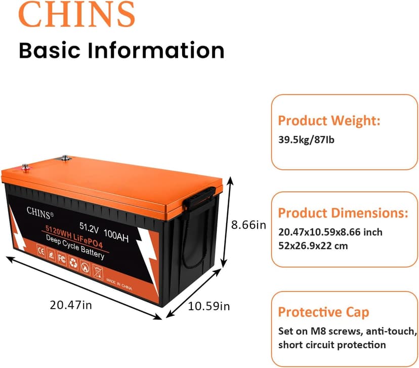 CHINS 48V Lithium Golf Cart Battery, 48 Volt 100Ah LiFePO4 Battery, Built-in Bluetooth 200A BMS, Includes 48V 18A Charger, Monitor, Perfect for Golf Carts