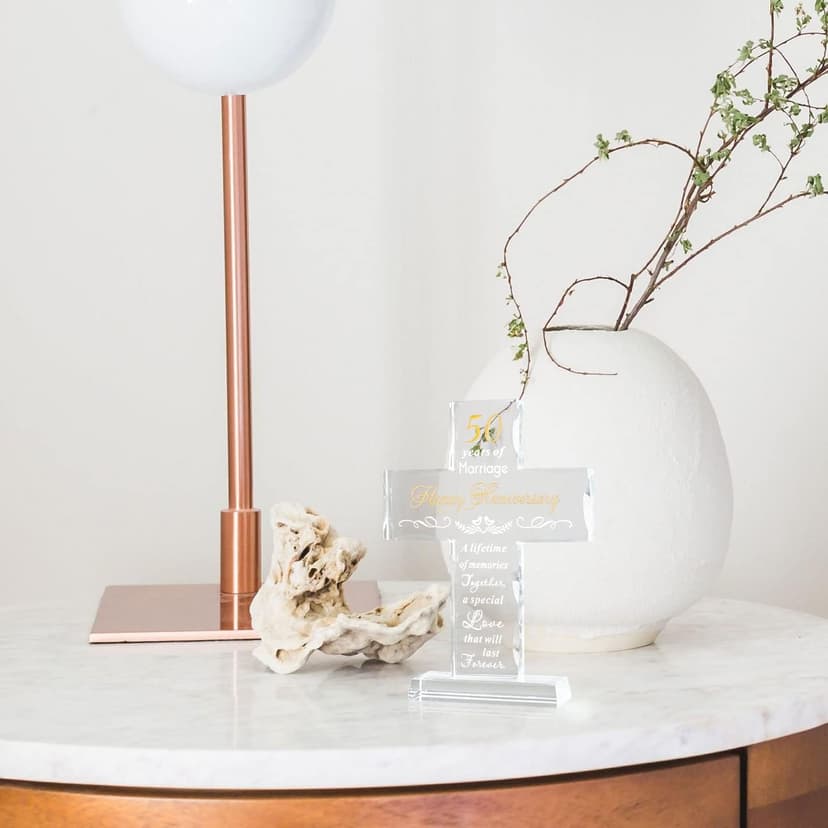 YWHL 50th Wedding Anniversary Religious Cross Gifts for Women Men, 50 Year Anniversary Romantic Gift for Him Her, Laser Engraved Glass Standing Cross Keepsake for Couple, 50 Years of Marriage Present