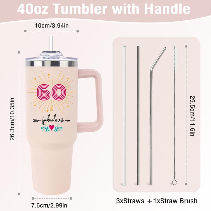 60th Birthday Gifts for Women Her, Cool 1965 60 th Birthday Gifts for Woman Turning 60 Year Old, 60th Birthday Decorations for Women Mom, 60th Birthday Gifts Ideas, 60 and Fabulous 40oz Tumbler Cup