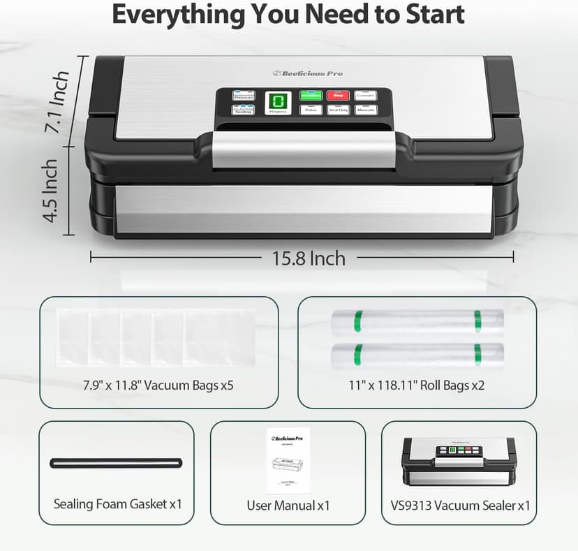95kPa Vacuum Sealer Machine with AquaLock Technology, for Moist Seals, 2X Seal & 130W, Fully Automatic Food Sealer, Built-In Cutter, Bag Storage & Hose, Precision Sealing, 2 Bag Rolls,Stainless Steel