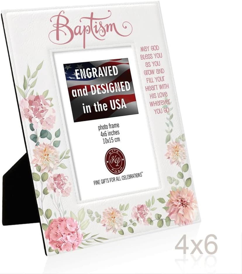 KATE POSH Baptism Picture Frame for Girl, Pink Flowers Decor, Christening, Religisous Gift, From Godparents, New Baby (4x6-Vertical)