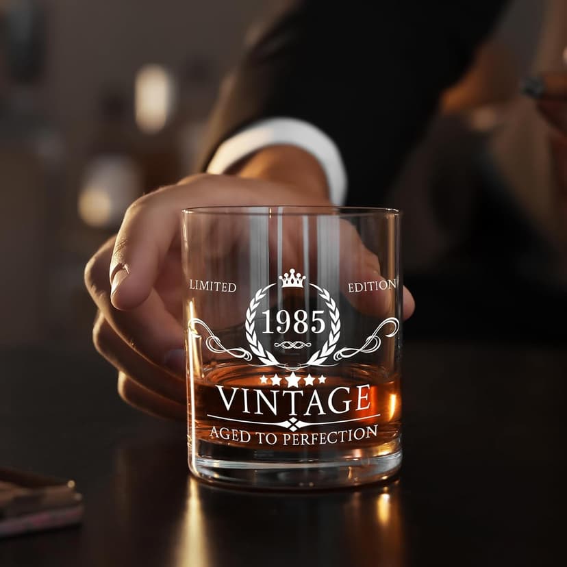 40th Birthday Gifts for Men Whiskey Glass Set - 40th Birthday Decorations, Party Supplies - 40 Year Anniversary, Bday Gifts Ideas for Him, Dad, Husband, Friends - Wood Box & Whiskey Stones & Coaster