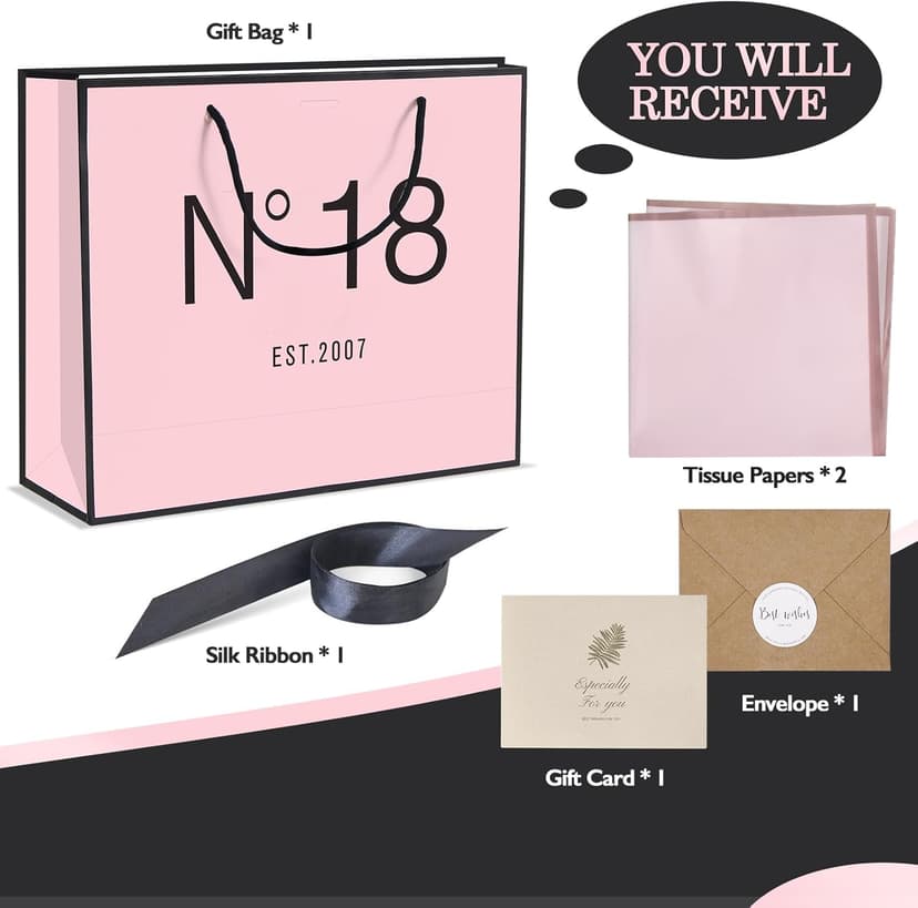 18th Birthday Gift Bag with Card Envelope Sticker Bow Ribbon and Tissue papers for Women Girls N°18 EST.2007 Design with Handles,for Celebrating 2007 18th Birthday Anniversary 13" (EST.2007 18th)