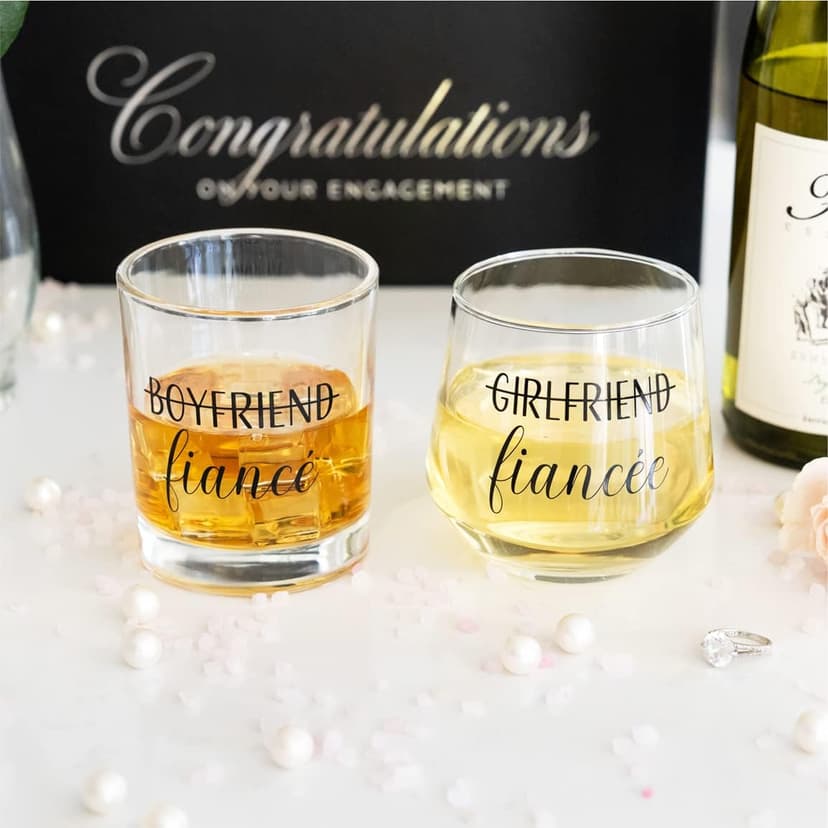 Engagement Gifts for Couples - Unique Fiance Gift for Him or Her! Whiskey Wine Glasses with Diamond Wine Stopper