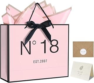 18th Birthday Gift Bag with Card Envelope Sticker Bow Ribbon and Tissue papers for Women Girls N°18 EST.2007 Design with Handles,for Celebrating 2007 18th Birthday Anniversary 13" (EST.2007 18th)