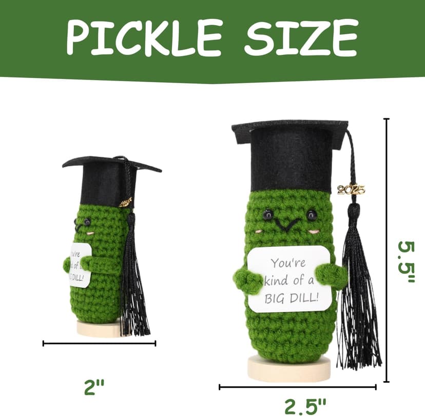 Graduation Gifts 2025 – Big Dill Crochet Pickle with Stand & Keychain | Handmade Grad Gift for High School, College, University, Nurses, PhD. Gifts for Her