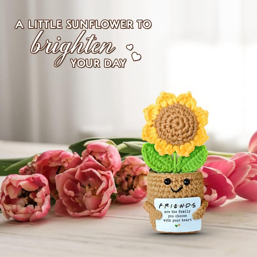 Mini Sunflower Crochet Gift with Card for Women Best Friend, Soul Sister, Long Distance Pal, Friends Are the Family You Choose, Cute Decor for Birthday, Christmas for Bestie, BFF, Coworker
