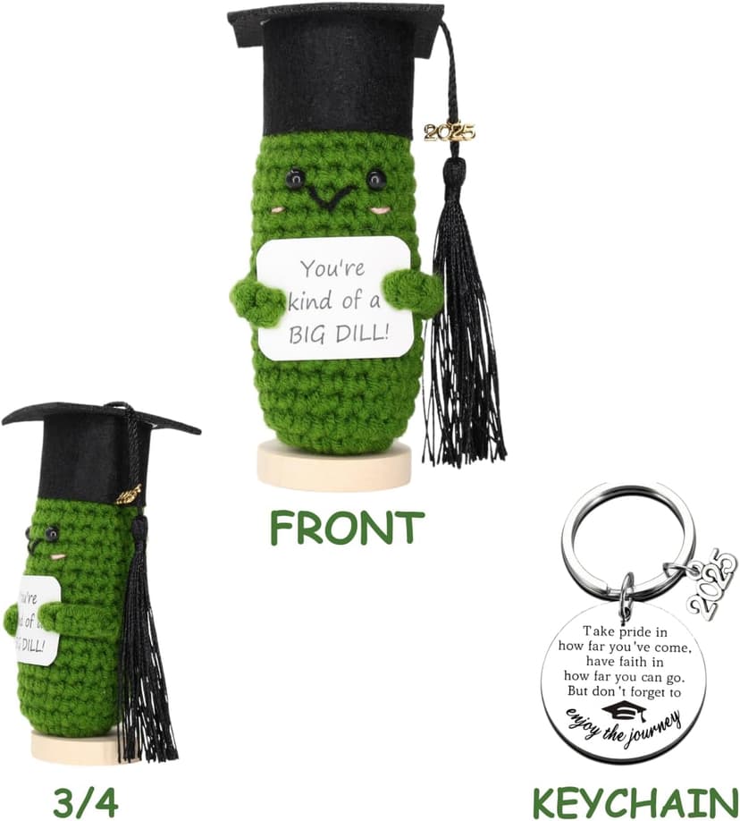 Graduation Gifts 2025 – Big Dill Crochet Pickle with Stand & Keychain | Handmade Grad Gift for High School, College, University, Nurses, PhD. Gifts for Her