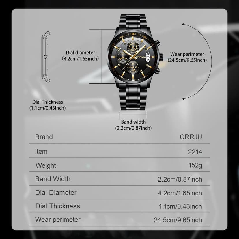 CRRJU Men's Fashion Stainless Steel Watches Date Waterproof Chronograph Wristwatches,Stainsteel Steel Band Waterproof Watch