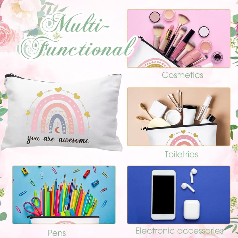 Chunful 10 Pieces Inspirational Canvas Makeup Bags for Women Graduation Gift Rainbow Canvas Cosmetic Bags Bulk with Zipper Friendship Gift Travel Toiletry Pouch(Moon Style)